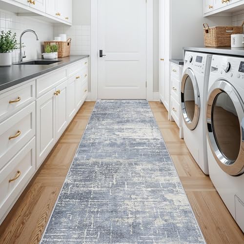 Washable Abstract 14ft Runner Rug (2'6" x 14' (Rectangular) / Blue/Ivory)