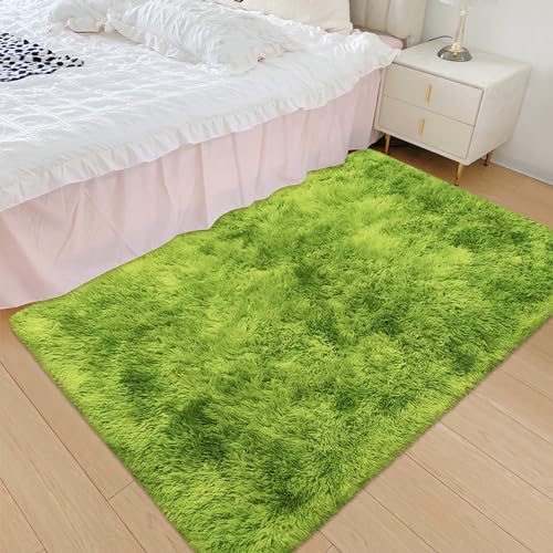 Small Tie Dyed Area Rug for Bedroom 3x5 Mini Green Fluffy Rug Mat Bedside Throw Rug for Kids Room Boys Teens Nursery Baby Dorm Living Room Home Decor Aesthetic Carpets (Tie-dyed Green / 3' x 5' (Rectangular))