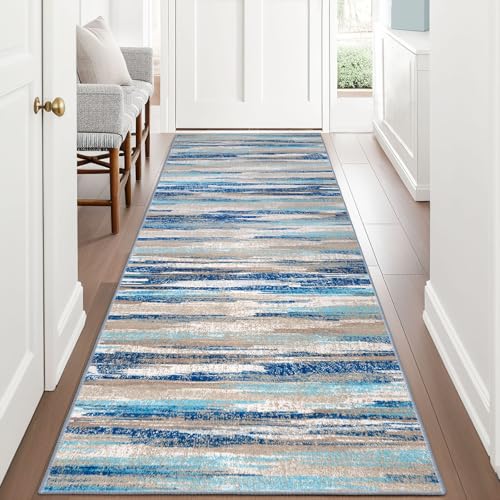 Abstract Washable 3x8 Runner Rug Non Slip Runners for Hallway (Blue Aqua/Beige Taupe Multi / 3' x 8' (Runner))