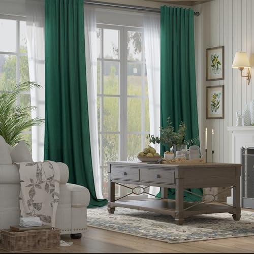 Dark Green Curtains 84 Inch Length for Bedroom 2 Panels Back Tab Pocket Hunter Green Drape Light Filtering Semi Sheer Linen Forest Emerald Green Curtain for Living Room Boho Christmas Decor 52x84 Long (52"W x 84"L (Pack of 2) / Hunter Green)