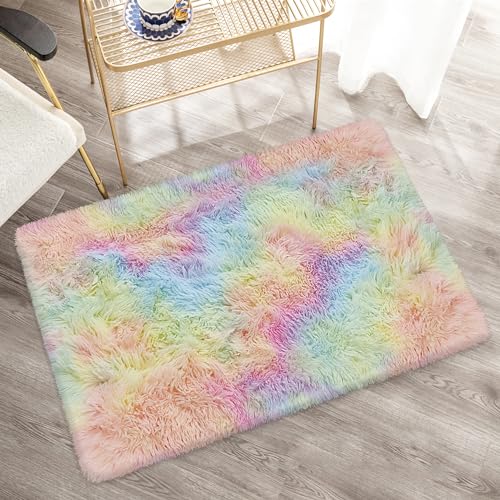 Small Fluffy Rainbow Colorful Area Rug for Girls Bedroom 2x3 Mini Kawaii Tie Dye Rug Fuzzy Unicorn Throw Rug for Living Room Kids Nursery Baby Princess Room Home Decor Aesthetic Carpets (Tie-dyed Rainbow / 2' x 3' (Rectangular))
