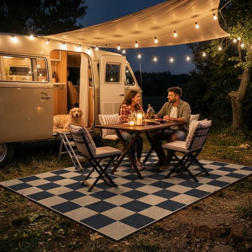 Checkered Easy Jute 5x7 Outdoor Patio Rug (5' x 7' (Rectangular) / Black/Checkerboard -1)
