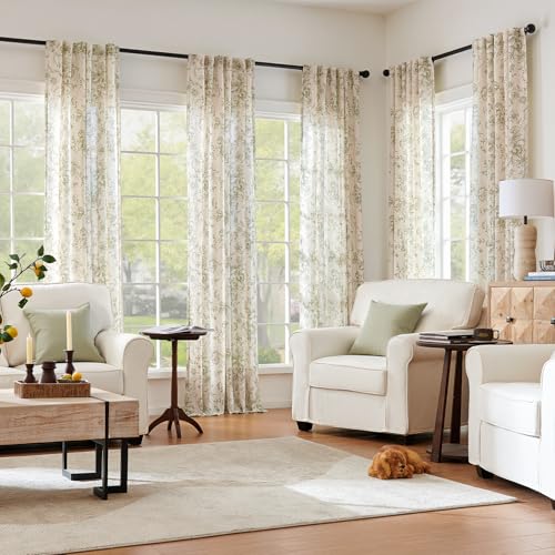 Vintage Floral Linen Curtains 84 Long for Living Room 2 Panels (Green / 50"W x 84"L (Pack of 2))