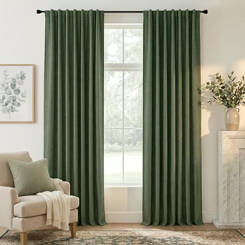 Olive Green 100% Blackout Linen Curtains 90 Inch Long for Office (Olive Green / 52"W x 90"L (Pack of 2))