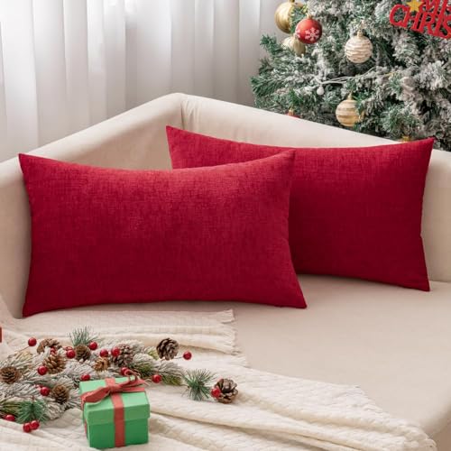 Soft Chenille Lumbar Throw Pillow Covers Red 12x20 Inch Pack of 2 (20" x 12" (Pack of 2) / Red)