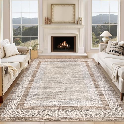 9x12 Large Modern Area Rug Bordered Non Shedding Floor Carpet (Brown / 9' x 12' (Rectangular))