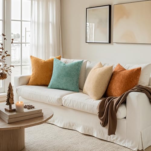 Soft Decorative Chenille Fall Pillow Covers Beige Orange Teal 20x20 (20" x 20" (Pack of 4) / Orange/Teal)
