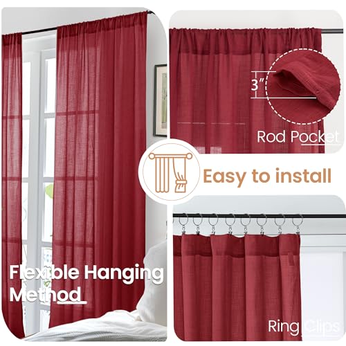 Long Linen Semi Sheer Curtains 102 Inch Length for Living Room (Burgundy / 52"W x 102"L (Pack of 2))