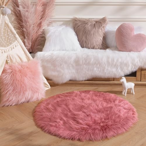 Ashler Faux Fur Rug (3 x 3 ft / C-blush Pink)