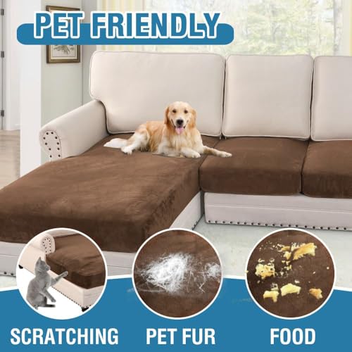 Velvet Stretch Sectional Couch Covers 4 Pieces Sofa Seat Cushion Covers L Shape Separate Cushion Couch Chaise Cover for Both Left (Caramel Cafe / 3 Seater + Chaise)