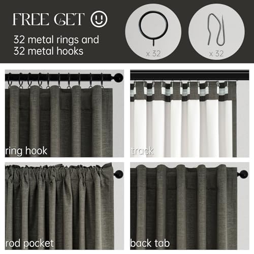 102 Inch Long Charcoal Gray Blackout Curtains for Bedroom 2 Panels Set Modern Natural Linen Back Tab Pleated Floor to Ceiling Thermal Drapes Hooks Rings 102 In Window Drapes 100% Black Out Linen (Carbon Grey / 52"W x 102"L (Pack of 2))