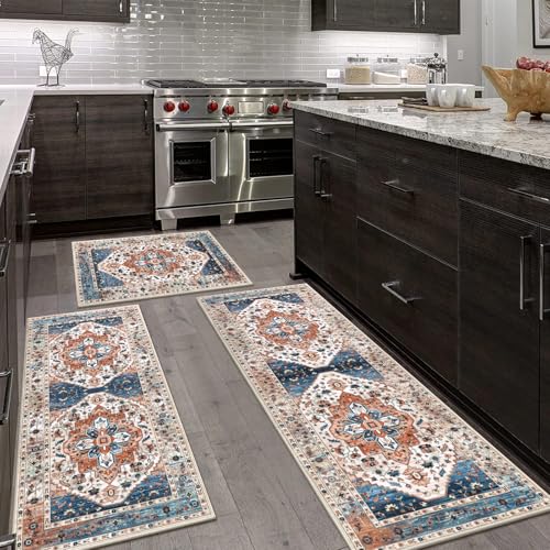 HEBE Boho Kitchen Rugs Set of 3 (Rust / 20"x32"+20"x48"+20"x59")