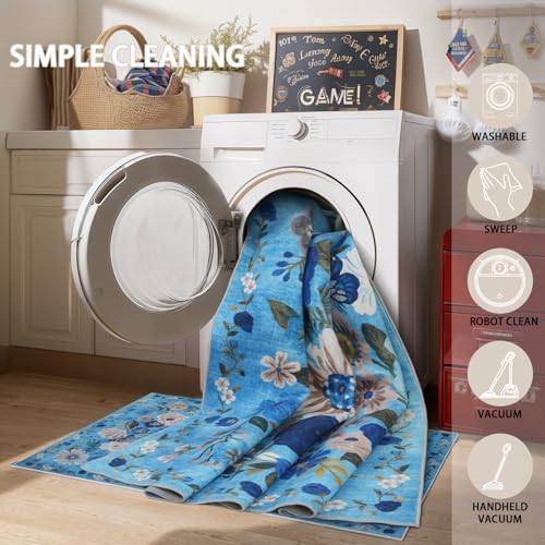 Floral Area Rugs 5x7 for Bedroom Livingroom Blue Non (Blue / 5' x 7' (Rectangular))