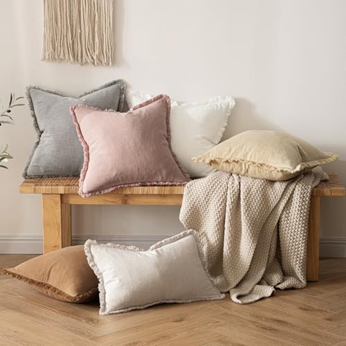Boho Linen Fringe Decorative Throw Pillow Covers Pink 20x20 (20" x 20" (Pack of 2) / Pink)