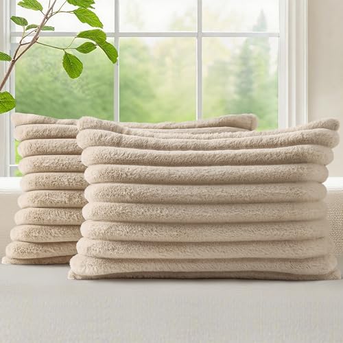 Fall Faux Fur Throw Pillow Covers 12x20 Set of 2 Khaki Brown (Light Khaki Brown / 20" x 12" (Pack of 2))