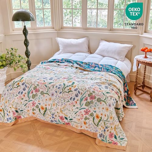 Boho Throw Blanket 50"x60" Cotton Floral Blanket for Couch Bed Decor (Wildflower Mix / 50"x60")