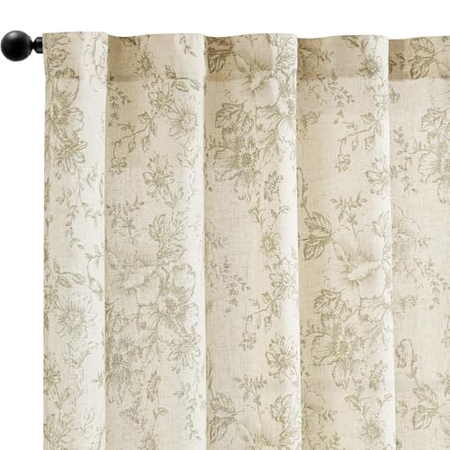 Vintage Floral Linen Curtains 54 Long for Living Room 2 Panels (Green / 50"W x 54"L (Pack of 2))