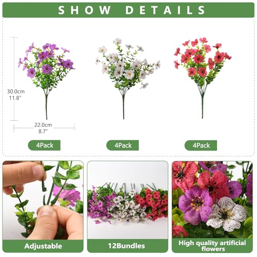 Artificial Flowers for Outdoor Faux Plants Fake Flowers Spring Decor (Purple White Rose Red / 12 PCS)