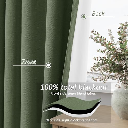 Olive Green 100% Blackout Curtains 108 Inch Length 2 Panels Set for Living Room Bedroom Back Tab Thermal Insulated Black Out Linen Drapes Room Darkening Window Curtains 52x108 (Olive Green / 52"W x 108"L (Pack of 2))