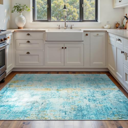 Living Room Rug 5x7 Teal Blue Area Rug Machine Washable Boho Rug Non Slip Abstract Vintage Indoor Large Rugs for Bedroom (Teal Blue / 5' x 7' (Rectangular))
