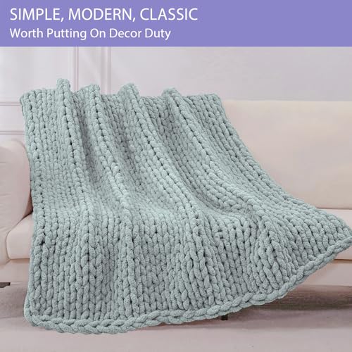 Chunky Knit Throw Blanket for Couch (Misty Green / 51"x63" (Large Size Throw）)