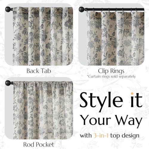 Black Floral Linen Curtains 63 Inch Vintage Back Tab 2 Panels (*Jacobean Black / 50"W x 63"L (Pack of 2))
