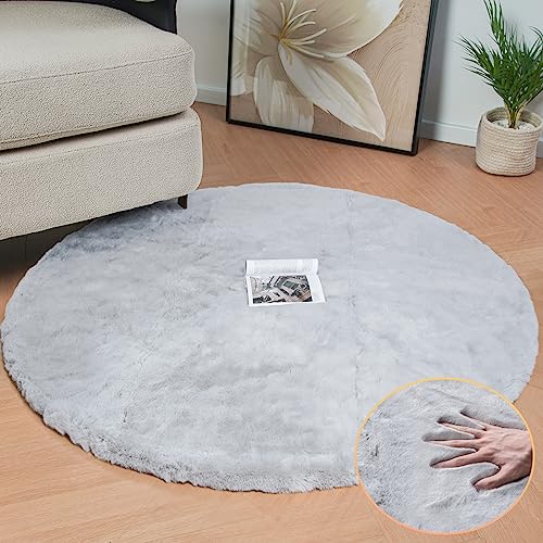 Grey Round Rug 3ft Machine Washable Shaggy Area Rugs for Living Room Faux Bunny Fluffy Fur Rug for Bedroom Small Circle Nursery Rug (3' (Round) / Grey)