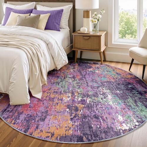 Washable Round 6ft Area Rug for Living Room Purple Multi (Purple/Orange/Teal/Green/Red / 6' (Round))