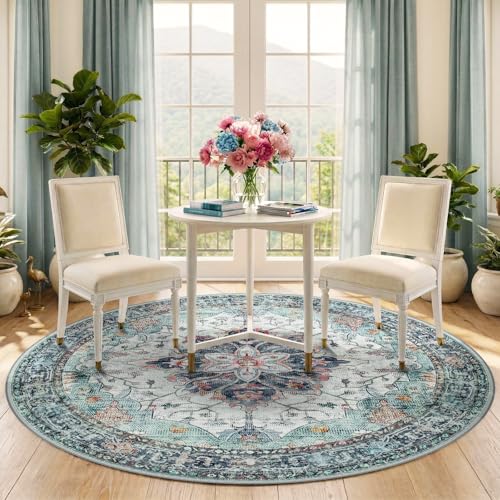 Washable Area Rug (Teal Green/White/Navy / 5' (Round))