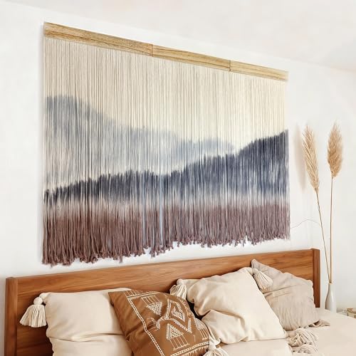 Large Dip Dye Macrame Wall Hanging Tapestry 59"x38" Boho Decor (Blue Gray and Coffee)