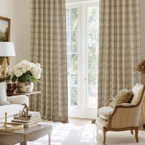 Farmhouse Linen Plaid Curtains Light Filtering 96 inches Long (52"W x 96"L (Pack of 2) / Plaid | Linen)
