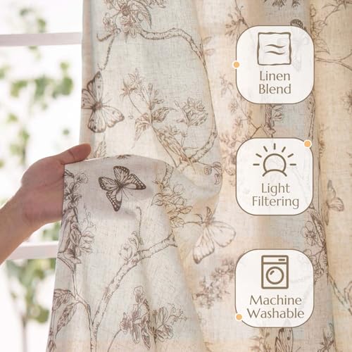Taupe Floral Linen Curtains Lined 96 Inch Vintage Back Tab 2 Panels (Charlotte Taupe / 50"W x 96"L (Pack of 2))
