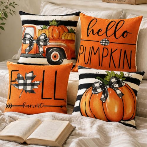 Fall Throw Pillow Covers for Home Strip Pumpkin Pillowcase 18x18 Set of 4 (Fall 01)
