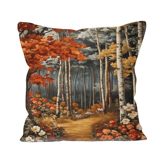 Rustic William Morris Inspired Autumn Forest Decor Throw Pillow Covers 18x18 (Forest-orange -11 / 18" x 18" (Pack of 1))