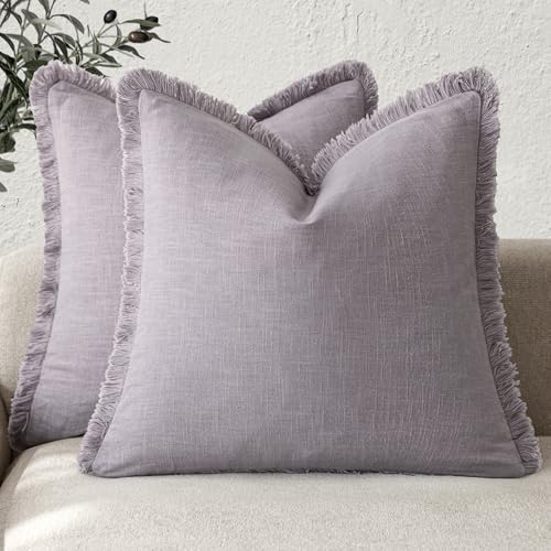 Decorative Linen Fringe Throw Pillow Covers 22×22 Light Purple (22" x 22" (Pack of 2) / Lavender)