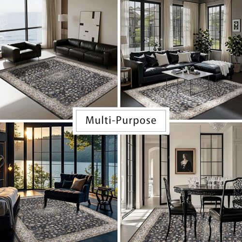 8x10 Washable Area Rugs for Living Room (8' x 10' (Rectangular) / Black-navy-gold-beige)