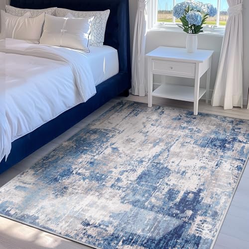 Washable 4'x5' Abstract Area Rug for Living Room Blue Gray (Blue/Gray / 4' x 5' (Rectangular))