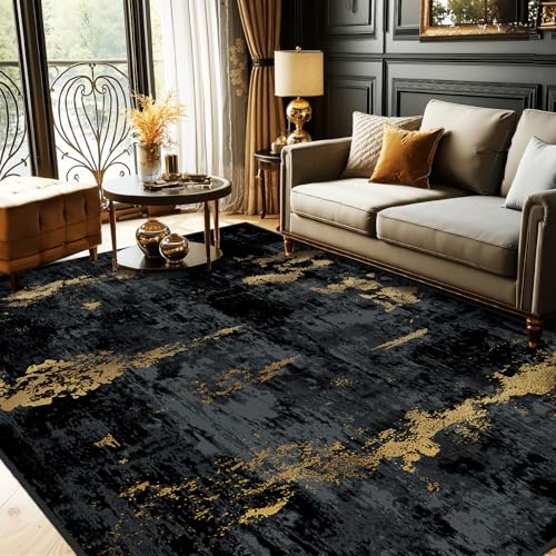 Washable 6'x8' Abstract Area Rug for Living Room Black Gold (Black/Gold / 6' x 8' (Rectangular))