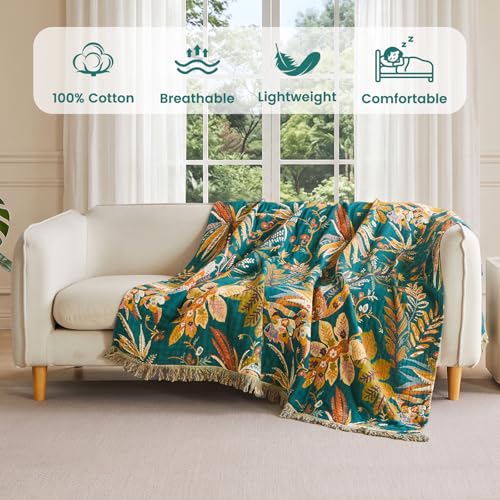 Boho Throw Blanket 60"x80" 100% Cotton Floral Muslin Blanket for Sofa (Leaves Flowers / 60"x80")