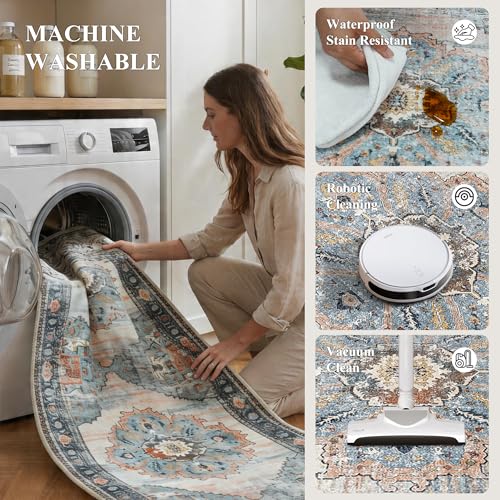 3x8 Washable Runner Rug Blue Vintage Rugs for Hallway (Blue / 3' x 8' (Rectangular))