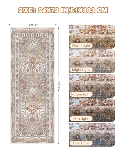 Runner Rug 2x6 Vintage Non Slip Washable Rugs for Hallways (Orange / 2' x 6' (Runner))