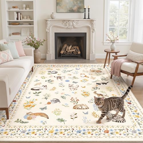 Cat 6x9 Area Rugs for Living Room (Cat Beige / 6' x 9' (Rectangular))