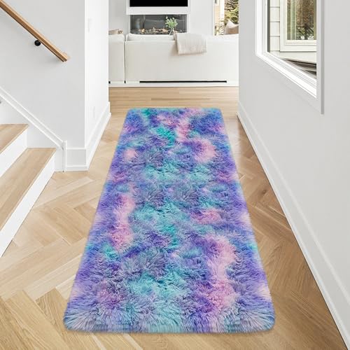 Super Soft Fluffy Living Room Area Rug 2x5 ft Purple Rainbow Tie (Tie-dyed Purple Rainbow / 2' x 5' (Runner))
