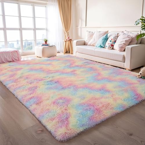 5x8 Rainbow Unicorn Fluffy Shag Rug for Girls Bedroom (Rainbow / 5' x 8' (Rectangular))