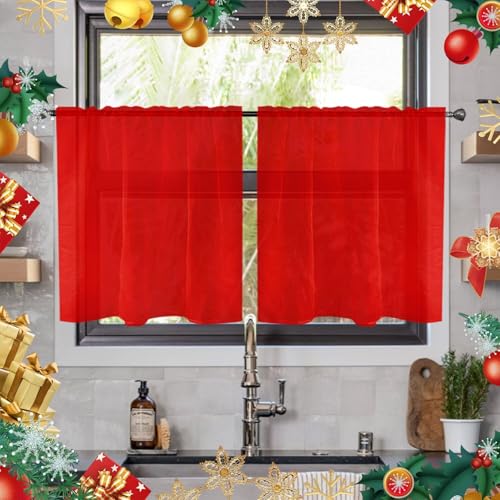 Solid Sheer Rod Pocket Curtain Voile Draperies 2 Panels White Beige Black Ivory Grey 26 Inch Width 30 Inch Long 1 Pair for Kitchen Bedroom Children Living Room Yard (Red / 26"W x 30"L (Pack of 2))