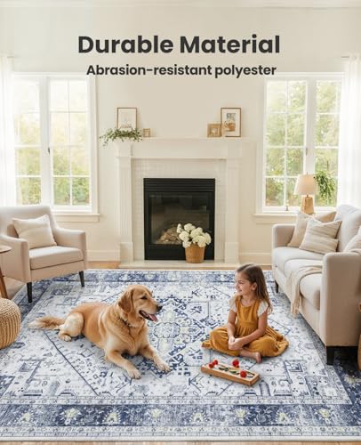 Amada Large 8x10 Washable Area Rug for Living Room (8' x 10' (Rectangular) / Navy Blue/White)