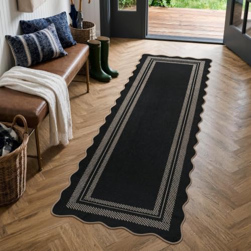 Scalloped 2x6 Kitchen Runner Rug (2‘ x 6’ / Black/Border 2)
