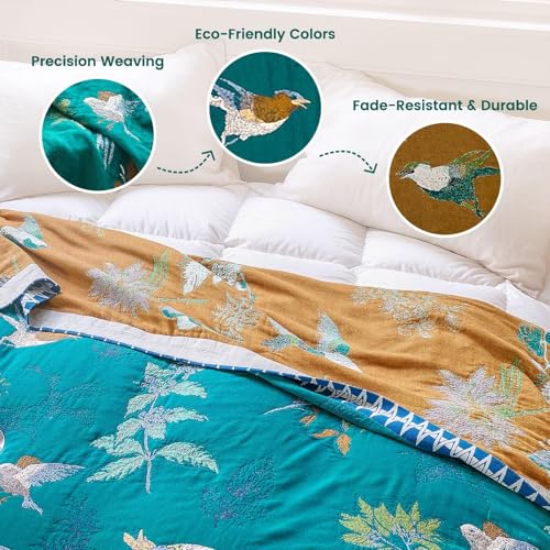 Boho Throw Blanket 60"x80" Aviary Botanical Cotton Throw Blanket (Teal Green / 60"x80")