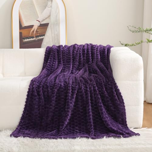 Deep Purple Throw Blanket 50"×60" Fuzzy 3D Jacquard Decorative (Purple / 50"×60”)