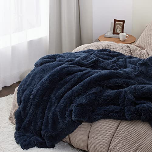 Faux Fur Fluffy Sherpa Fleece Queen Bed Blanket Navy Blue 60"x80" (14- Navy Blue / Queen (90" X 90"))